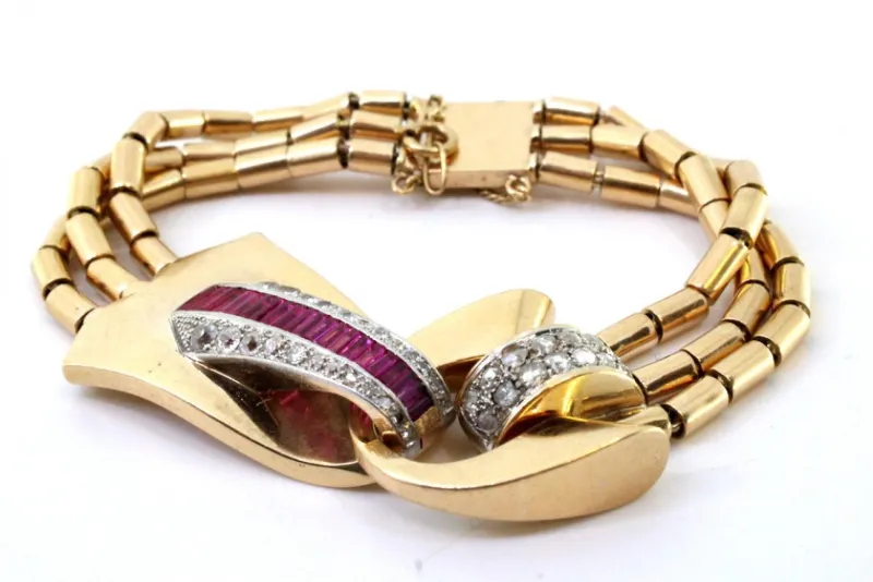 Pamono Art Deco Tubular Gold Bracelet with Rose-Cut Diamonds and Calibrated Rubies> Bracelets