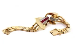 Pamono Art Deco Tubular Gold Bracelet with Rose-Cut Diamonds and Calibrated Rubies><noscript><img width=