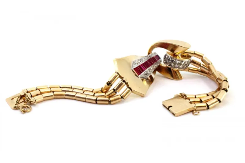 Pamono Art Deco Tubular Gold Bracelet with Rose-Cut Diamonds and Calibrated Rubies> Bracelets