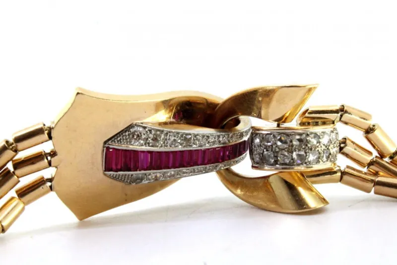 Pamono Art Deco Tubular Gold Bracelet with Rose-Cut Diamonds and Calibrated Rubies> Bracelets