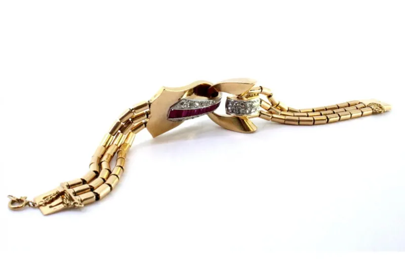 Pamono Art Deco Tubular Gold Bracelet with Rose-Cut Diamonds and Calibrated Rubies> Bracelets