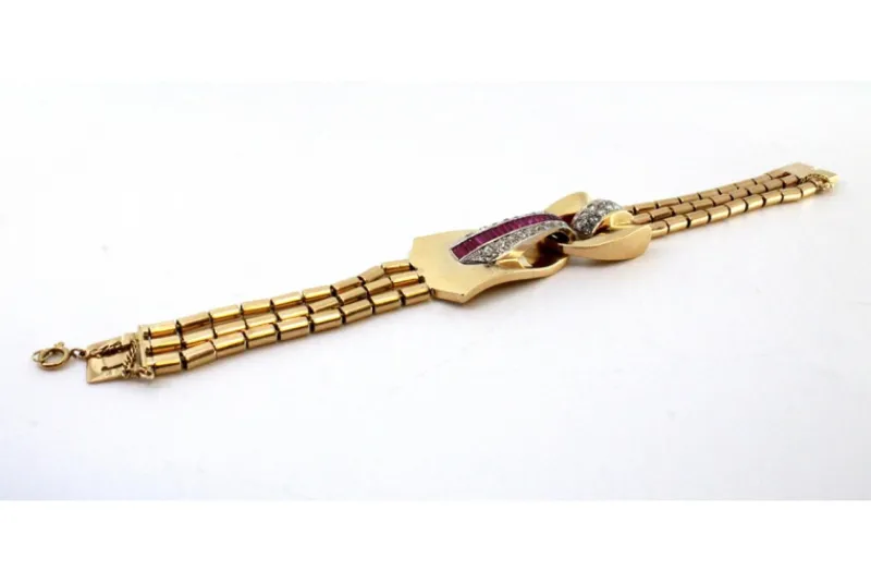 Pamono Art Deco Tubular Gold Bracelet with Rose-Cut Diamonds and Calibrated Rubies> Bracelets
