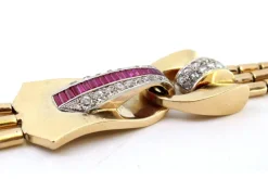 Pamono Art Deco Tubular Gold Bracelet with Rose-Cut Diamonds and Calibrated Rubies><noscript><img width=