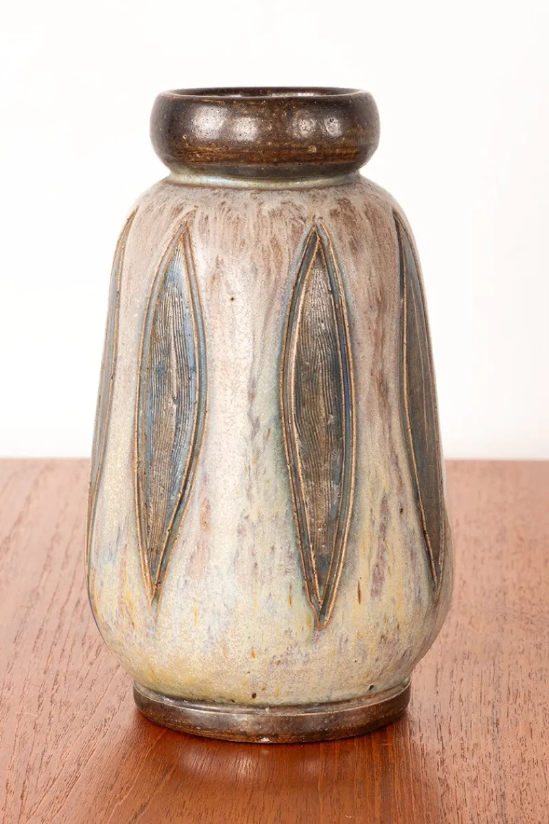 Pamono Art Deco Vase in Green and Gray Glazed Ceramic by Edouard Grégoire, 1920s> Vases