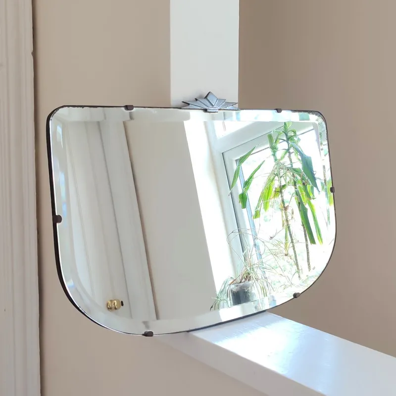 Pamono Art Deco Wall Mirror with Bevelled Frameless Edge and Chrome Fantail Crest, 1930s> Mirrors