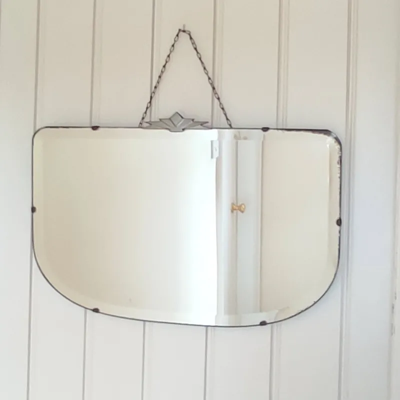 Pamono Art Deco Wall Mirror with Bevelled Frameless Edge and Chrome Fantail Crest, 1930s> Mirrors