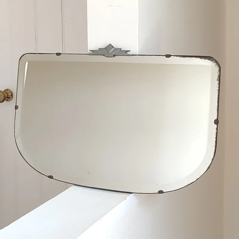 Pamono Art Deco Wall Mirror with Bevelled Frameless Edge and Chrome Fantail Crest, 1930s> Mirrors