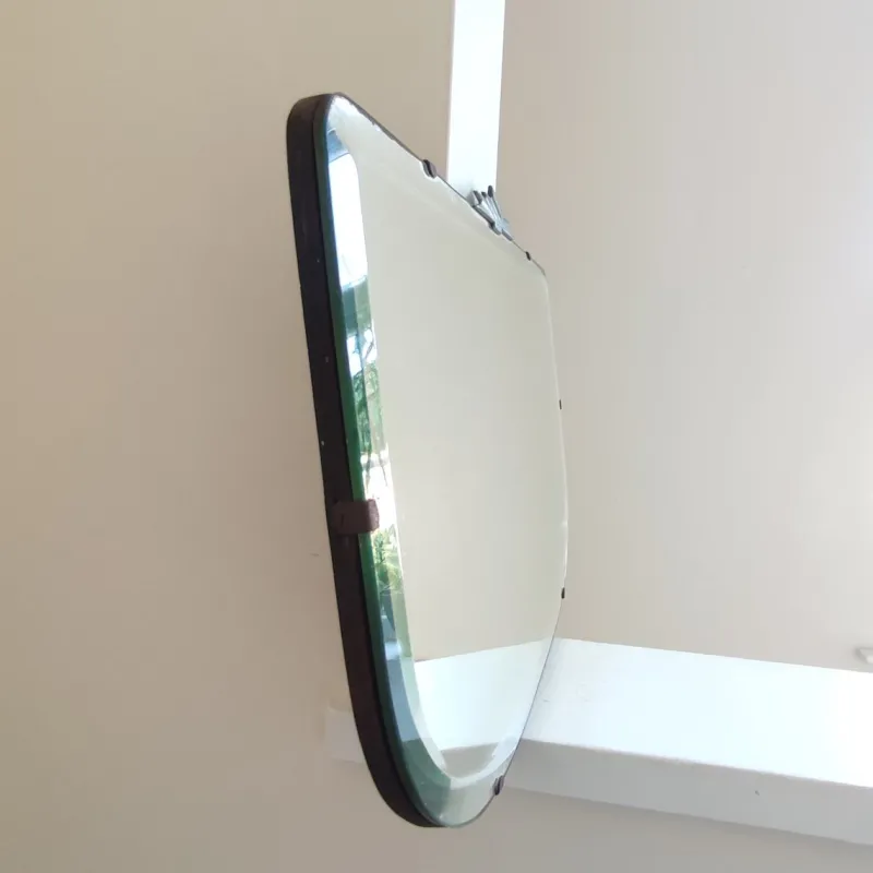 Pamono Art Deco Wall Mirror with Bevelled Frameless Edge and Chrome Fantail Crest, 1930s> Mirrors