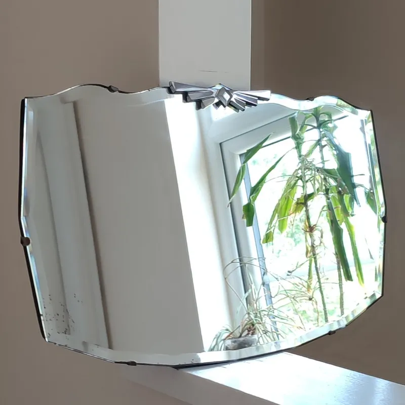 New Pamono Art Deco Wall Mirror with Bevelled Frameless Edge and Diamond Chrome Crest, 1930s