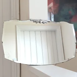 New Pamono Art Deco Wall Mirror with Bevelled Frameless Edge and Diamond Chrome Crest, 1930s