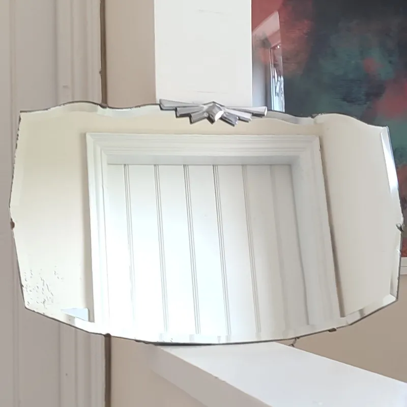 New Pamono Art Deco Wall Mirror with Bevelled Frameless Edge and Diamond Chrome Crest, 1930s