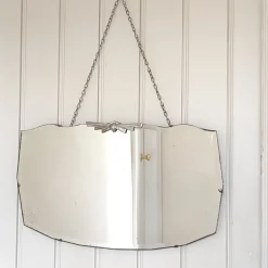 New Pamono Art Deco Wall Mirror with Bevelled Frameless Edge and Diamond Chrome Crest, 1930s