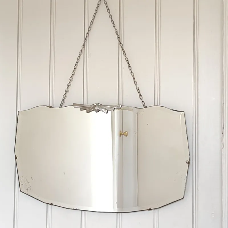 New Pamono Art Deco Wall Mirror with Bevelled Frameless Edge and Diamond Chrome Crest, 1930s