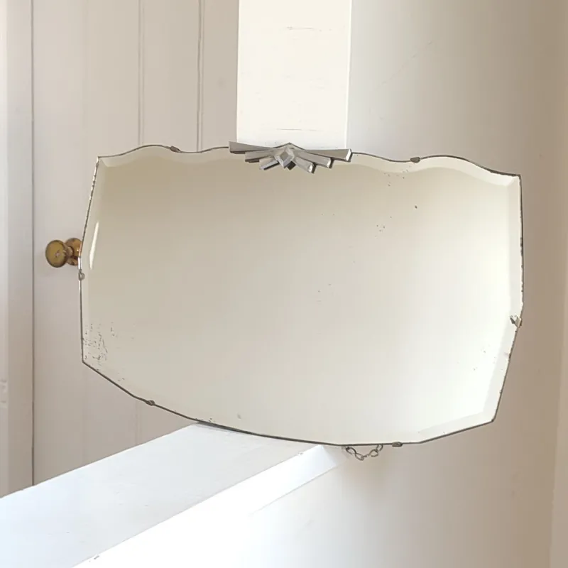 New Pamono Art Deco Wall Mirror with Bevelled Frameless Edge and Diamond Chrome Crest, 1930s