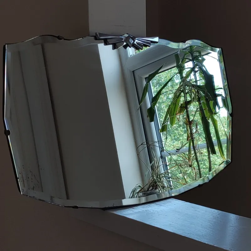 New Pamono Art Deco Wall Mirror with Bevelled Frameless Edge and Diamond Chrome Crest, 1930s