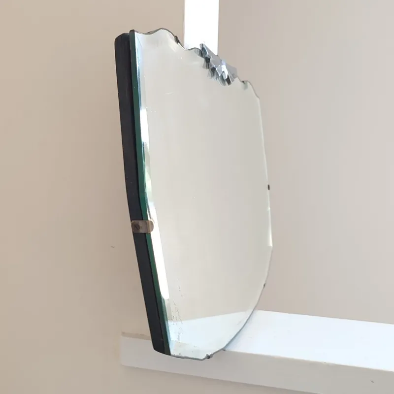 New Pamono Art Deco Wall Mirror with Bevelled Frameless Edge and Diamond Chrome Crest, 1930s