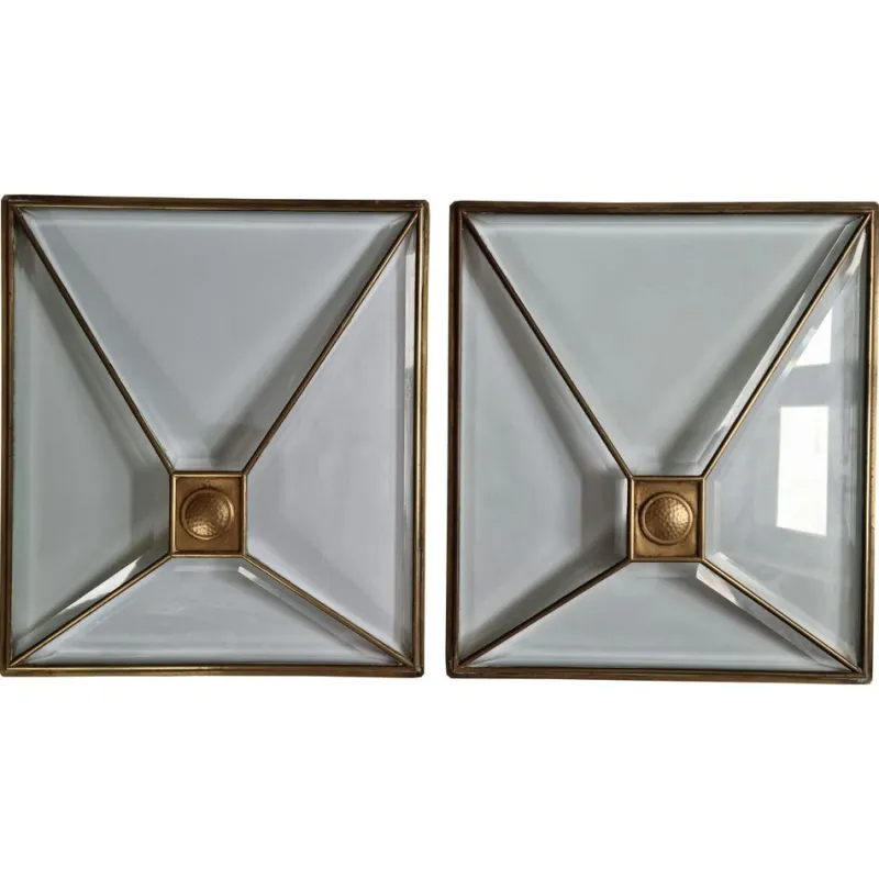 Pamono Art Deco Windows in Faceted Glass and Brass, Austria, 1930s, Set of 2> Architectural Elements