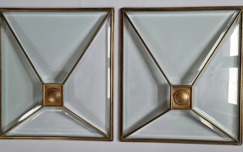 Pamono Art Deco Windows in Faceted Glass and Brass, Austria, 1930s, Set of 2> Architectural Elements