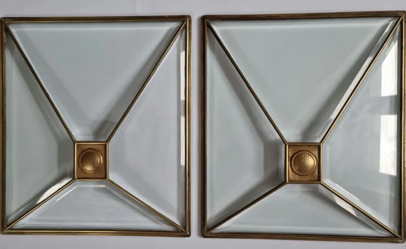 Pamono Art Deco Windows in Faceted Glass and Brass, Austria, 1930s, Set of 2> Architectural Elements