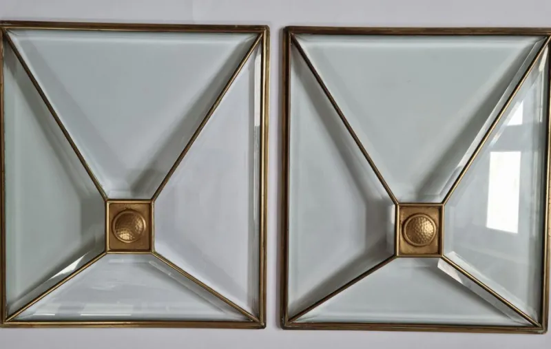 Pamono Art Deco Windows in Faceted Glass and Brass, Austria, 1930s, Set of 2> Architectural Elements