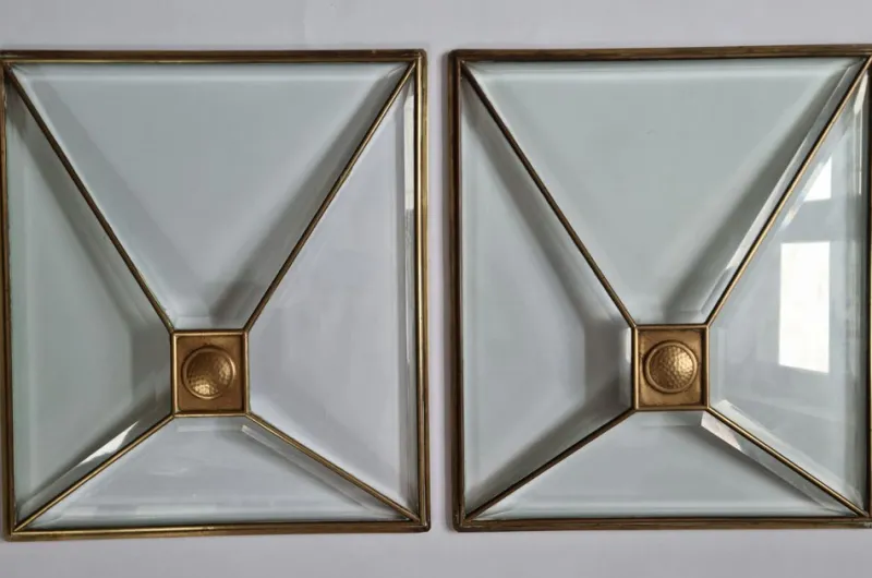 Pamono Art Deco Windows in Faceted Glass and Brass, Austria, 1930s, Set of 2> Architectural Elements