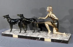 Best Pamono Art Deco Woman with Greyhounds, 1930, Patinated Metal