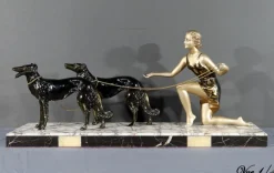 Best Pamono Art Deco Woman with Greyhounds, 1930, Patinated Metal