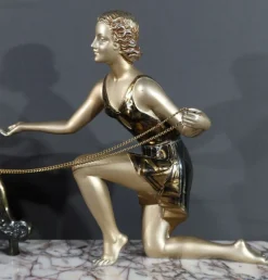 Best Pamono Art Deco Woman with Greyhounds, 1930, Patinated Metal