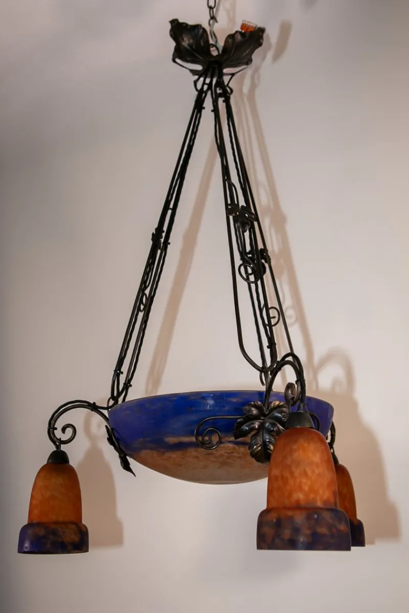 Pamono Art Deco Wrought Iron and Pate de Verre Lamp by G. V. Croismare for Muller Frères, France, 1925> Ceiling Lights