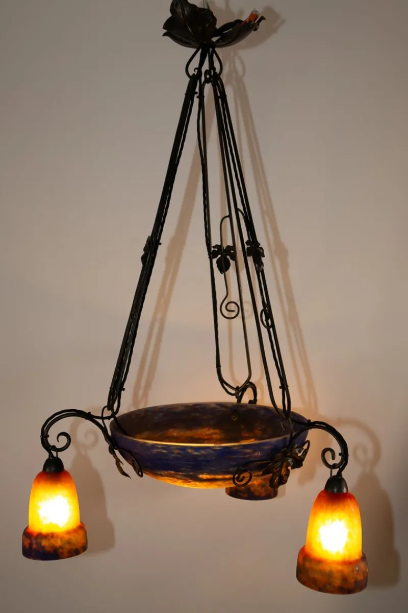 Pamono Art Deco Wrought Iron and Pate de Verre Lamp by G. V. Croismare for Muller Frères, France, 1925> Ceiling Lights