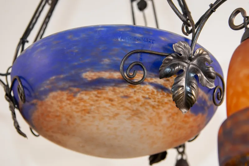 Pamono Art Deco Wrought Iron and Pate de Verre Lamp by G. V. Croismare for Muller Frères, France, 1925> Ceiling Lights