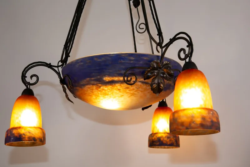 Pamono Art Deco Wrought Iron and Pate de Verre Lamp by G. V. Croismare for Muller Frères, France, 1925> Ceiling Lights