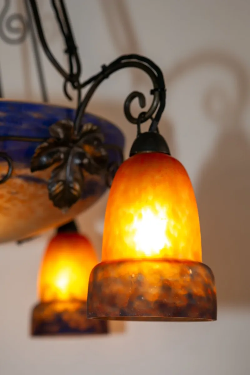 Pamono Art Deco Wrought Iron and Pate de Verre Lamp by G. V. Croismare for Muller Frères, France, 1925> Ceiling Lights