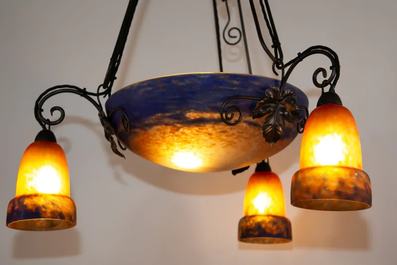 Pamono Art Deco Wrought Iron and Pate de Verre Lamp by G. V. Croismare for Muller Frères, France, 1925> Ceiling Lights