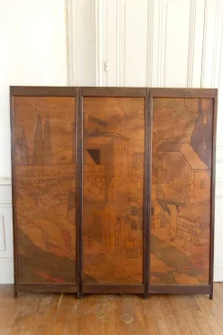 Clearance Pamono Art Nouveau / Art Deco Pyroengraved Screen with Medieval Mediterranean Townscape, 1930s