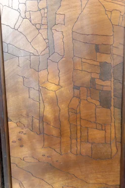 Clearance Pamono Art Nouveau / Art Deco Pyroengraved Screen with Medieval Mediterranean Townscape, 1930s