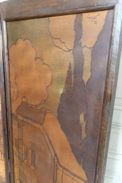 Clearance Pamono Art Nouveau / Art Deco Pyroengraved Screen with Medieval Mediterranean Townscape, 1930s
