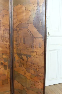 Clearance Pamono Art Nouveau / Art Deco Pyroengraved Screen with Medieval Mediterranean Townscape, 1930s