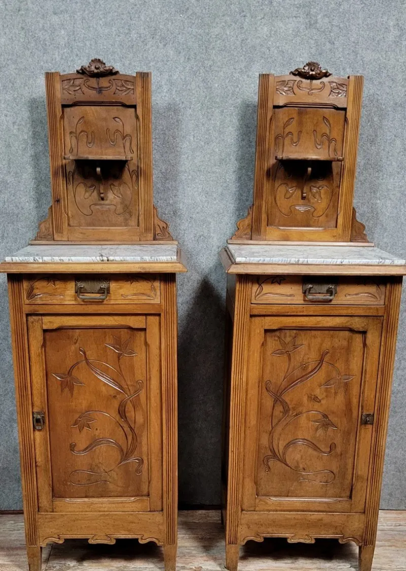 Pamono Art Nouveau Bedside Tables in Walnut, 1890s, Set of 2> Nightstands
