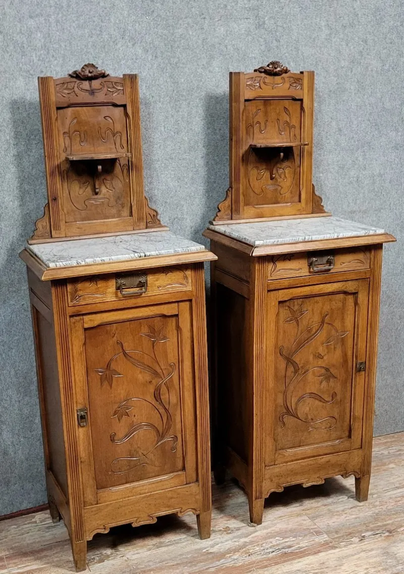Pamono Art Nouveau Bedside Tables in Walnut, 1890s, Set of 2> Nightstands