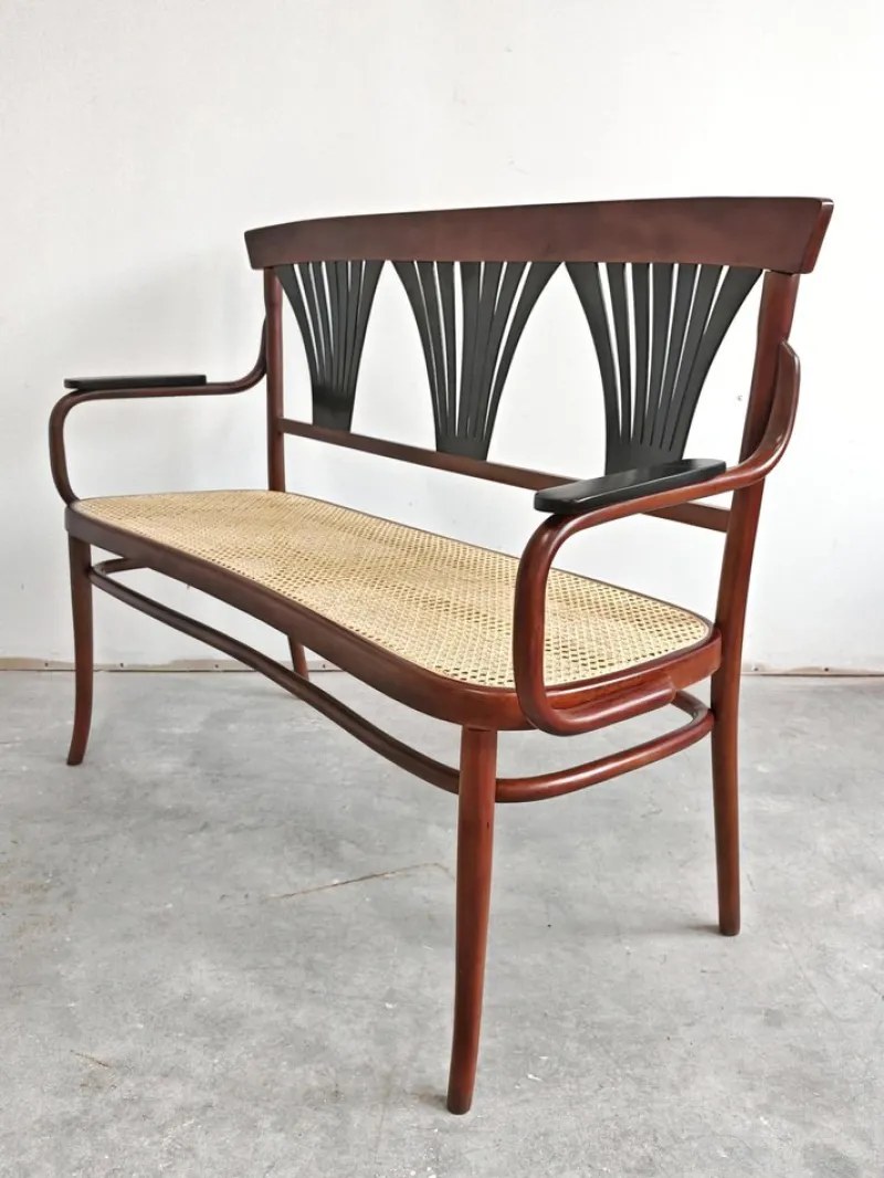 Pamono Art Nouveau Bench in Bentwood with Cane Seat, Austria, 1890s> Worktables & Workbenches