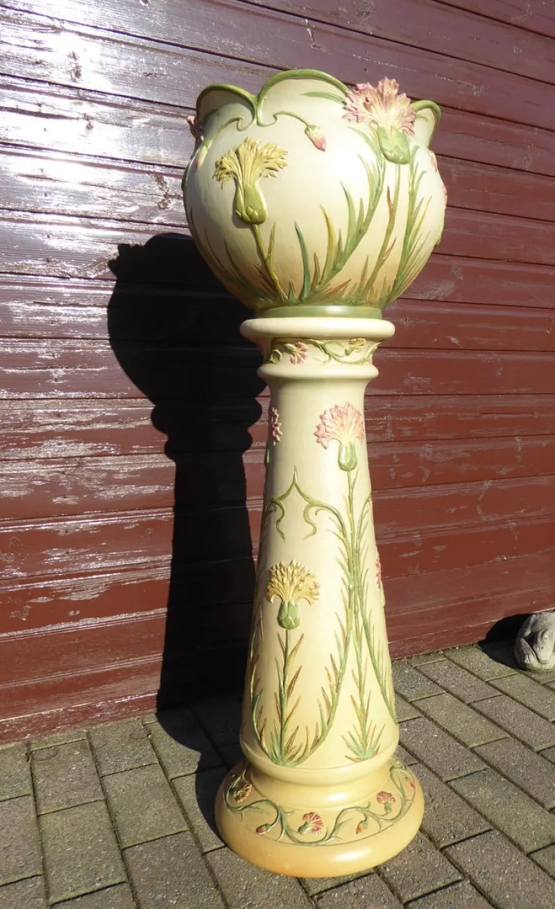 Discount Pamono Art Nouveau Cachepot Sur Colonne Planter on Display by Jean Massier for Vallauris, Set of 2