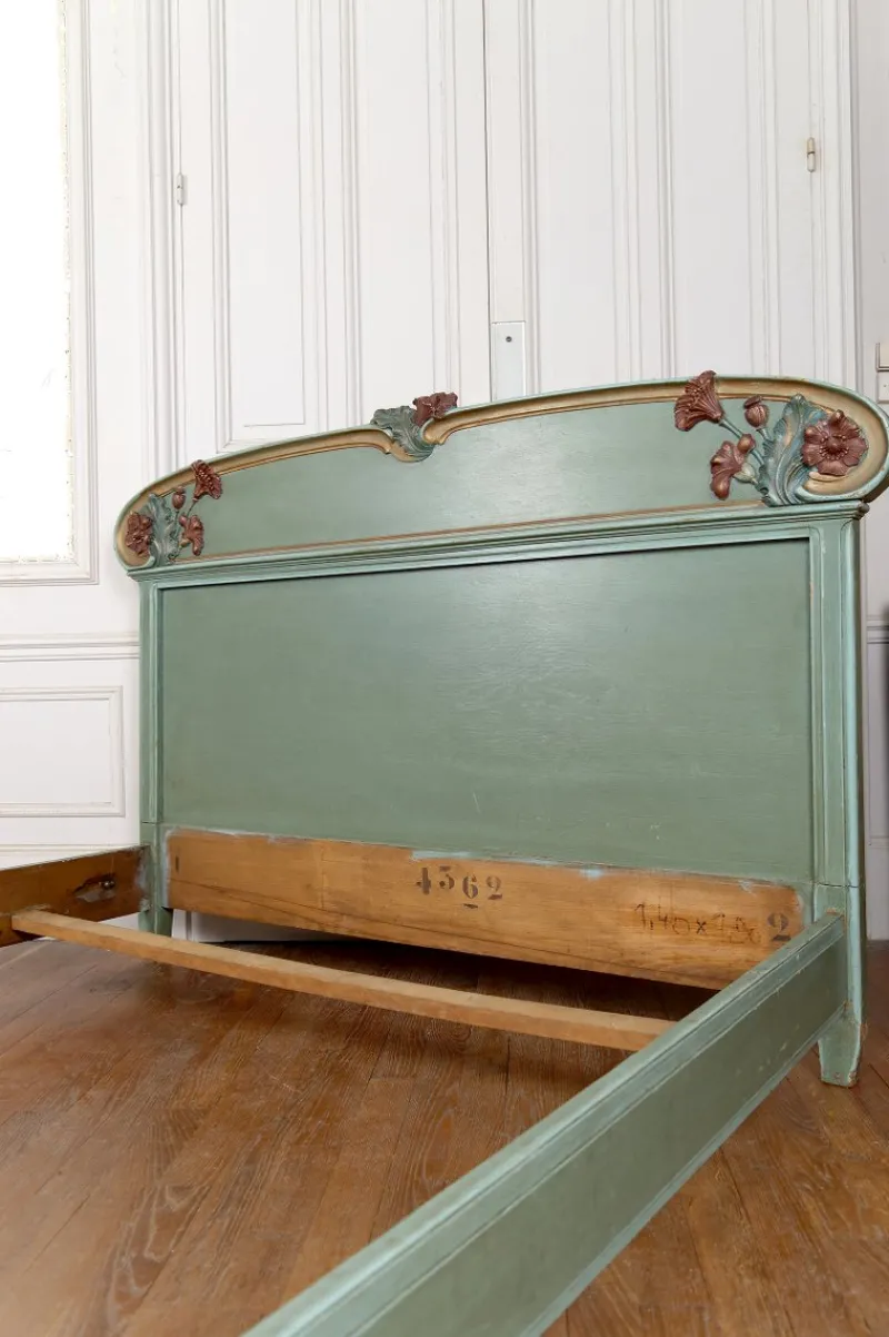 Pamono Art Nouveau Carved and Painted Wooden Bed with Floral Theme, France, 1900s> Beds & Bedroom Sets