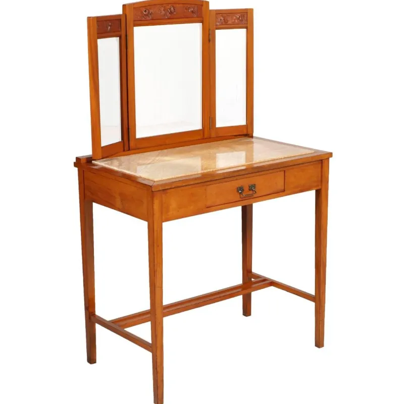 Pamono Art Nouveau Cherry & Marble Dressing Table with Mirror and Chair, Set of 3