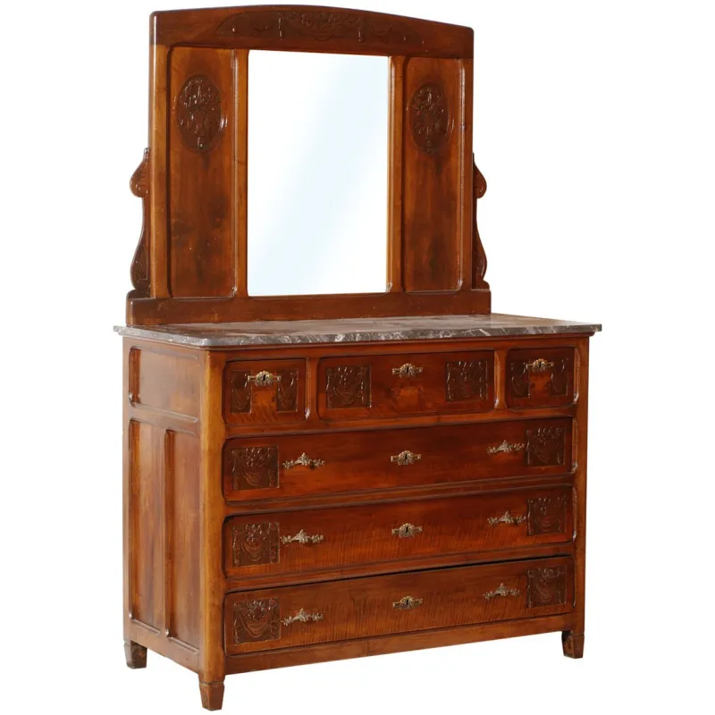 Pamono Art Nouveau Chest of Drawers with Marble Top & Beveled Mirror, 1900s> Dressers, Commodes & Chests