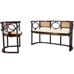 Pamono Art Nouveau Fledermaus Sofa and Armchair attributed to Josef Hoffmann for Fischel, 1890s, Set of 2> Living Room Sets