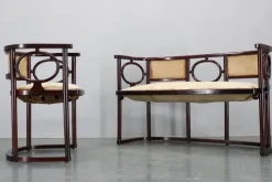 Pamono Art Nouveau Fledermaus Sofa and Armchair attributed to Josef Hoffmann for Fischel, 1890s, Set of 2> Living Room Sets