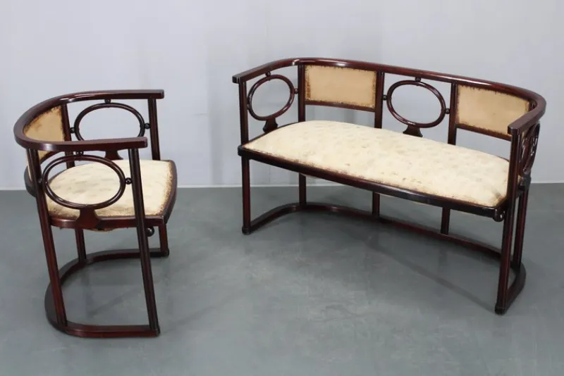 Pamono Art Nouveau Fledermaus Sofa and Armchair attributed to Josef Hoffmann for Fischel, 1890s, Set of 2> Living Room Sets