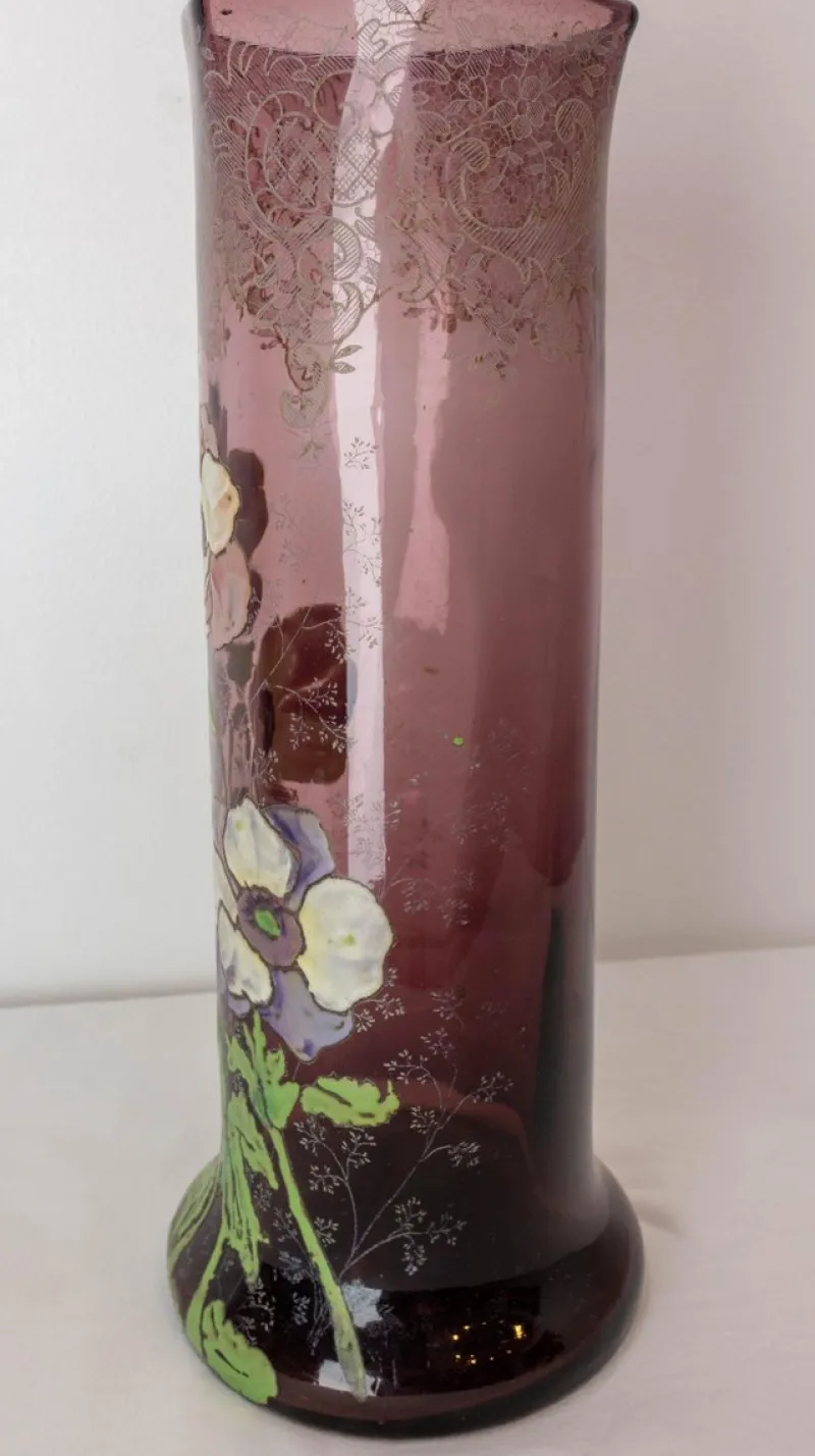 Pamono Art Nouveau French Enamelled Glass Vase with Flowers, 1890s> Vases