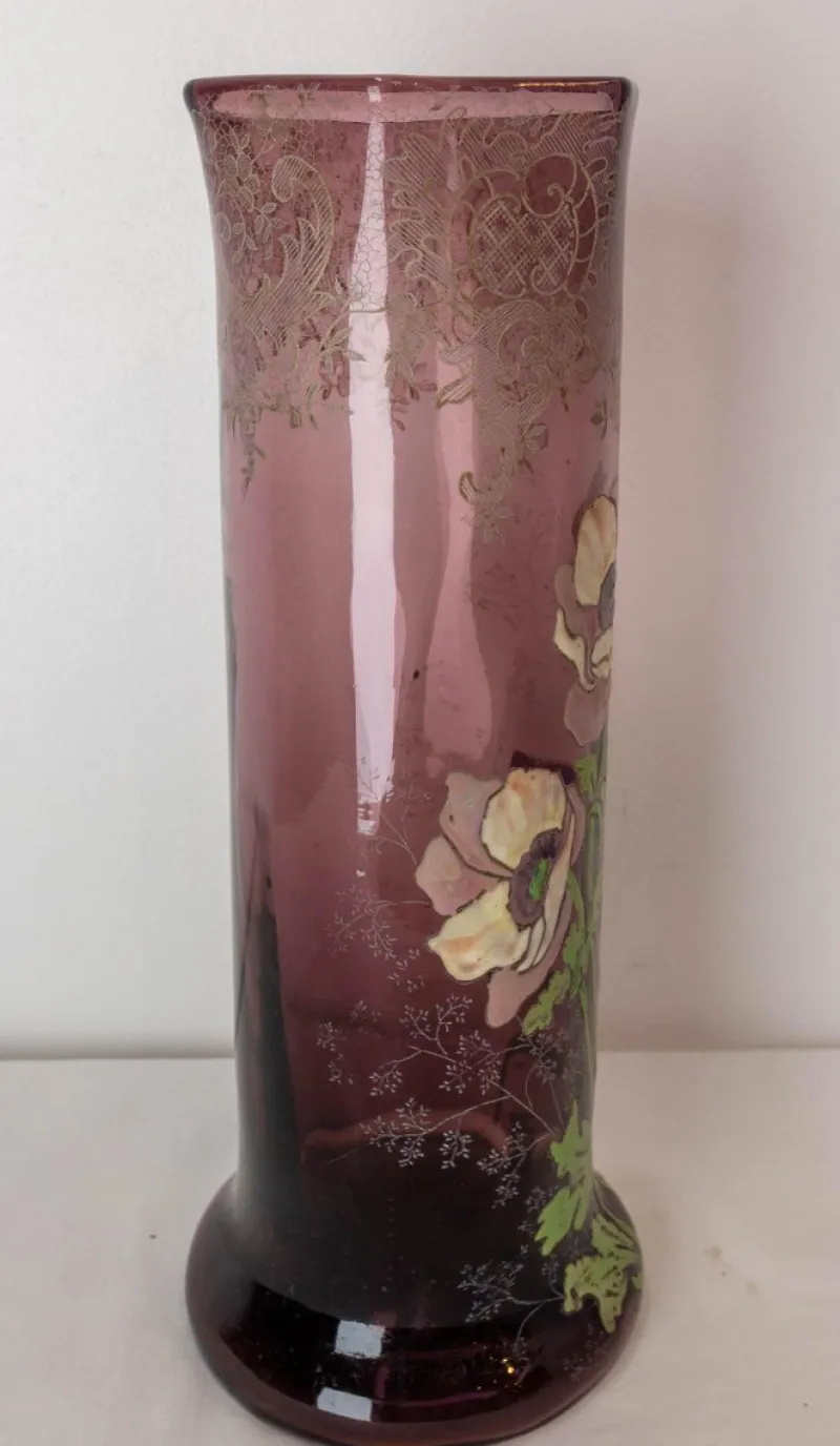 Pamono Art Nouveau French Enamelled Glass Vase with Flowers, 1890s> Vases